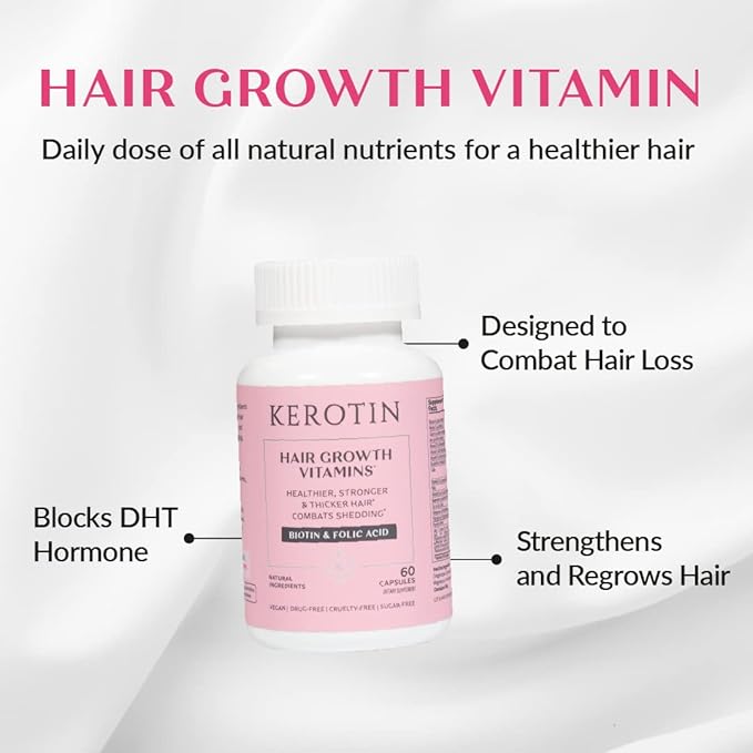 Kerotin Hair Growth Vitamins Biotin Supplement DHT Blocker Collagen Stimulator for Hair Loss Support Nail &amp Skin Care Includes Saw Palmetto Vitamin D3 &amp More - 60 Pills (1 Month Supply)