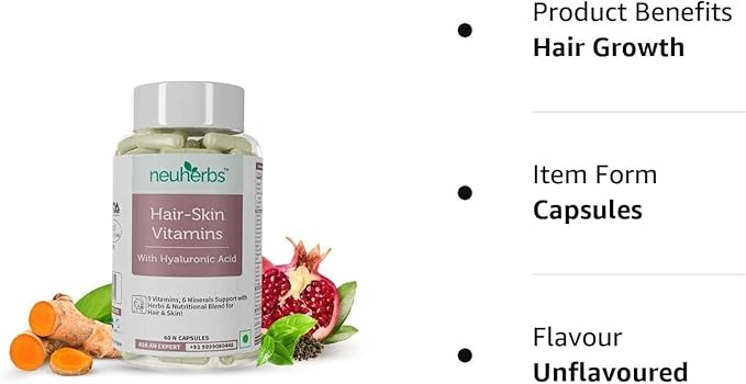 Hair Skin Vitamins Supplement with Hyaluronic Acid Biotin Keratin Booster for Hair Growth Turmeric Primrose Oil &amp Collagen Supporter- 60 Capsules for Men and Women