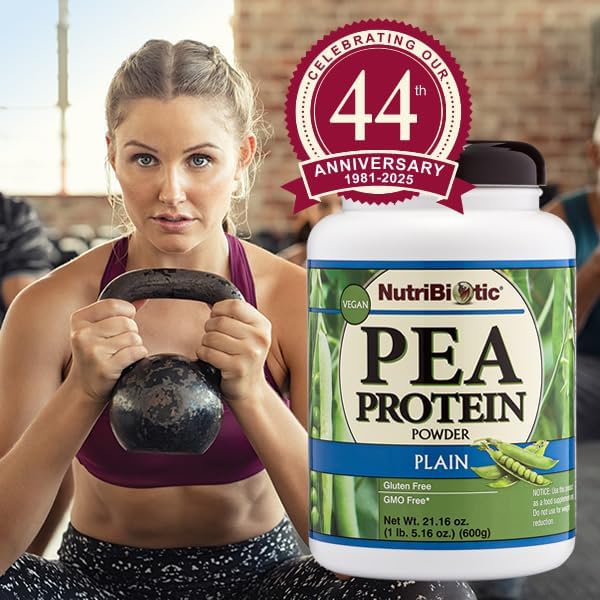 NutriBiotic Pea Protein Plain 21 Oz | Low Carb Vegan Plant Protein Powder | 100% Grown &amp Processed in The USA | Deliciously Creamy &amp BCAA-Rich | Made Without Chemicals GMOs &amp Gluten | Ke