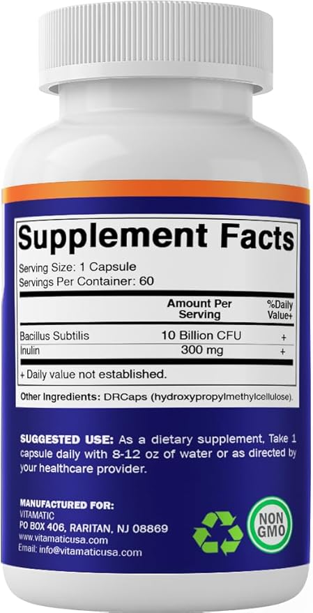 Vitamatic Bacillus Subtilis 10 Billion per DR Capsule - 60 Count - Digestive Gut &amp Immune Health Support - Made with Prebiotic Inulin Fiber-2 Pack