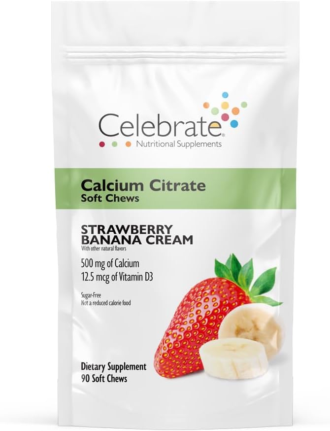 Celebrate Vitamins Bariatric 500mg Calcium Citrate Soft Chews with 500 IU Vitamin D3 – Essential for Gastric Bypass Patients &amp Bone Health - Sugar &amp Gluten Free Strawberry Banana Cream (90 Ch
