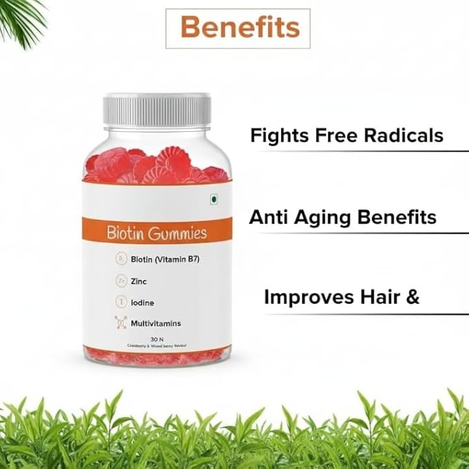 GHC Biotin Hair Gummies - 30 Gummies | 30 Days Pack | Enriched with Biotin Vitamin A C E &amp Zinc | Added Sugar | Keeps Hair Healthy &amp Strong | Cranberry Flavored |100% Vegetarian