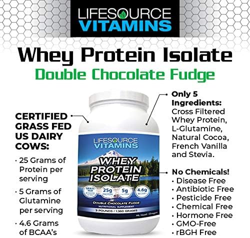 LifeSource Vitamins 3 lb - US Dairy Cows Grass Fed Whey Protein Isolate - Double Chocolate Fudge sweetened w/Stevia - 3 lb Powder