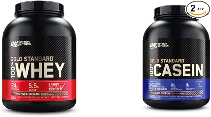 Optimum Nutrition Gold Standard 100% Micellar Casein Protein Powder &amp Gold Standard 100% Whey Protein Powder Extreme Milk Chocolate 5 Pound (Packaging May Vary)