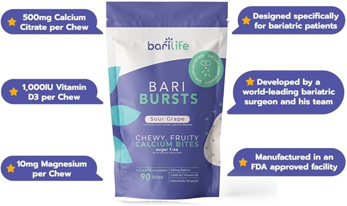 Bari Life Just One Chewable: Once Daily Bariatric Multivitamin + Iron and and BariBurst Calcium Citrate Soft Chews for Gastric Bypass Gastric Sleeve and Duodenal Switch (Sour Grape)