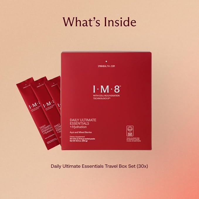 IM8 Daily Ultimate Essentials All-in-One Multivitamin Supplement 92 Nutrient Rich Ingredients CoQ10 Probiotics Vitamins Greens Gluten Free Vegan Acai Mixed Berry (30 Servings Travel Packs)