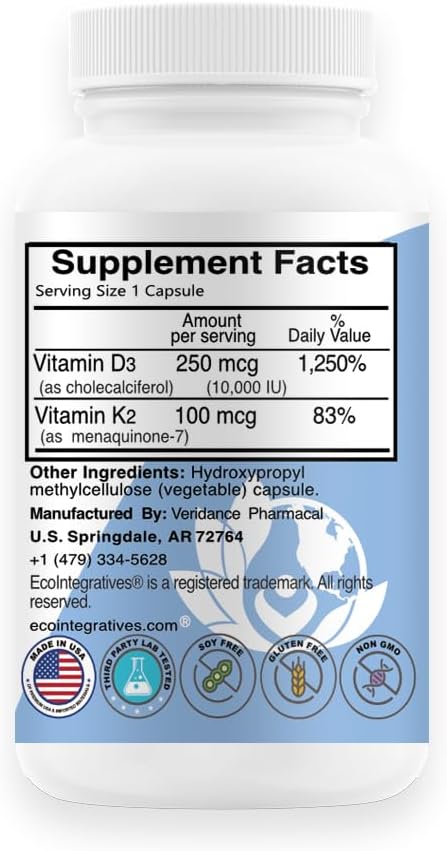 EcoIntegratives D3+K2 10000IU D3 Cholecalciferol 100mcg MK7 Nattokinase Bone Neuromuscular Cardiovascular &amp Immune Support Promotes Calcium Homeostasis Allergen Free 120 Capsules