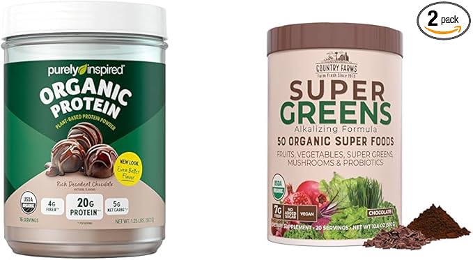 Purely Inspired Organic Protein Powder and Country Farms Super Greens Drink Mix Bundle (16+20 Servings)