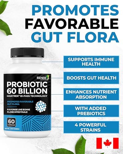 Renew Actives Probiotic Supplement for Digestive Health 60 Billion CFU per 2 Capsules - Advanced Formula with Prebiotic Benefits - Supports Gut Flora Balance &amp Wellness - Made in Canada - 60 Capsu