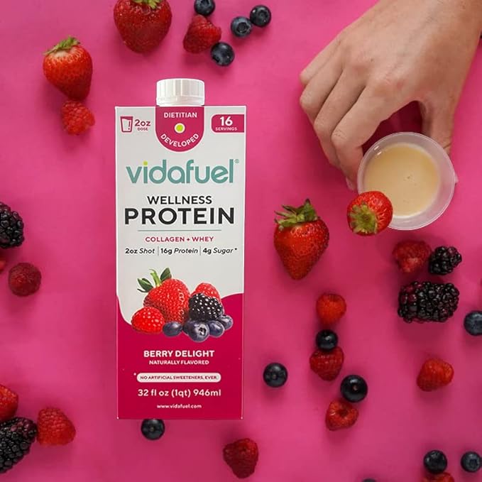 Vidafuel Concentrated Protein Shot - 16g of Protein per 2oz. - Collagen &amp Whey Protein Drink No Artificial Sweeteners 32 fl oz. - Berry 6 Count
