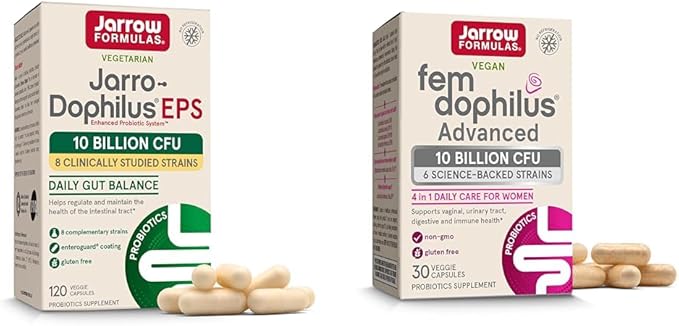 Jarrow Formulas Probiotics Bundle with Jarro-Dophilus EPS 10 Billion CFU 120 Caps and Fem-Dophilus Advanced 10 Billion CFU 30 Caps