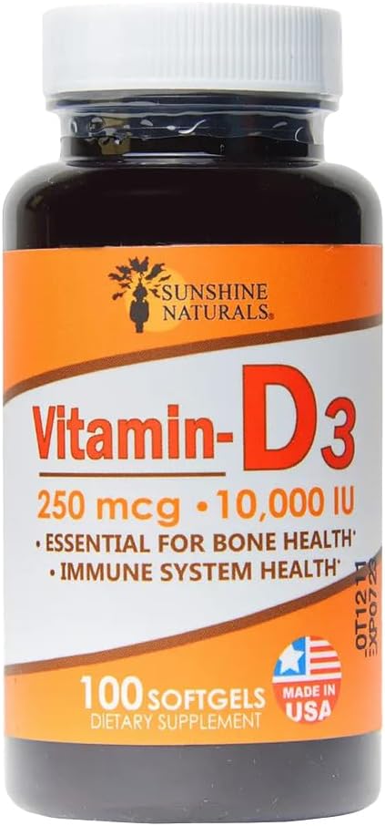Sunshine Naturals Vitamin D3 Dietary Supplement. High Strength for Immune System Support Bone Health Mood Boost and Muscle Function. 250mcg. 100 Gels. Pack of 2