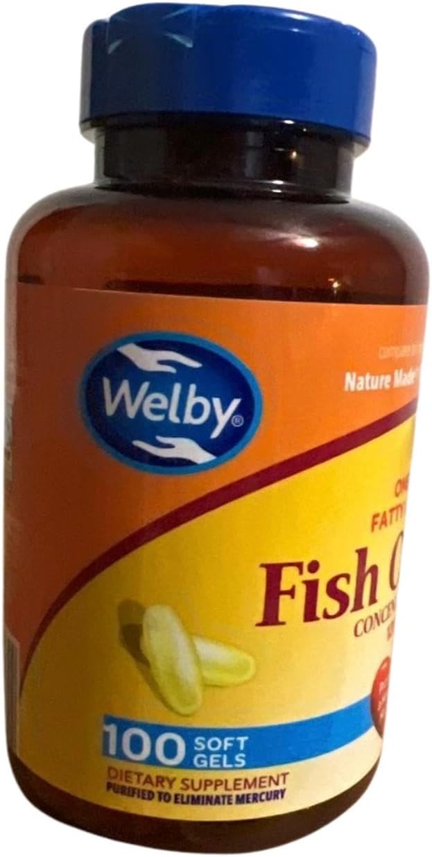 Generic Omega-3 Fatty Acids Fish Oil Concentrate 1200mg 100 Softgels Promotes Healthy Heart Purified to Eliminate Mercury Dietary Supplement Yellow