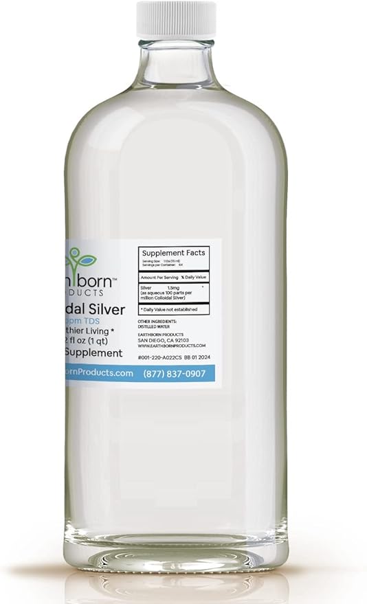 Earthborn Colloidal Silver Liquid (32oz) - 100PPM Pure Monatomic Silver Water - 99.9% Natural Nano Silver Liquid Supplement for Immune Support* Non-GMO Glass Bottle | Made in USA