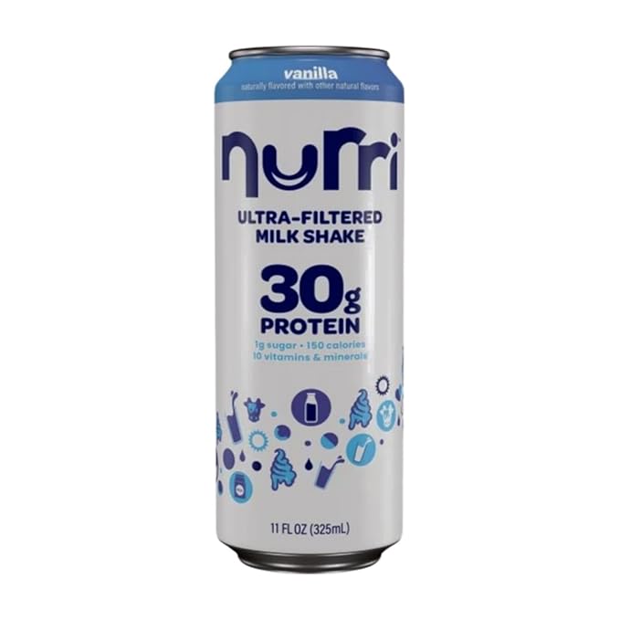 5-Chocolate and 4-Vanilla-nurri. Ultra-Filtered Milk Shake 30g Protein 1g Sugar 150 Calories 10 Vitamins and Minerals Per Can | 9-11 Fl Oz Cans Per Package Grade A Lactose-Free