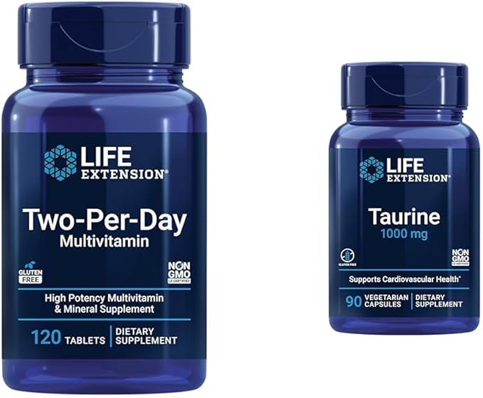 Life Extension Two-Per-Day 120 Tablets Multi-Vitamin &amp Taurine 1000mg 90 Capsules Supplement Bundle