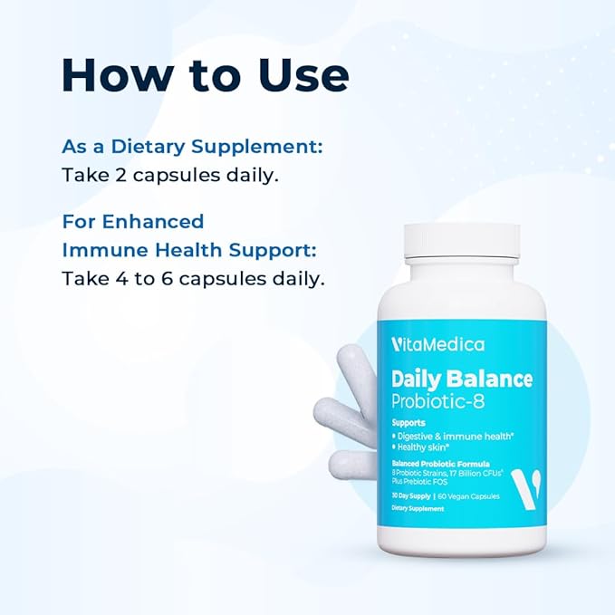 VitaMedica | Daily Balance Probiotic-8 | Probiotic Supplement | 16 Billion CFUs | Gut Health | Digestive Skin &amp Immune Support | Constipation Diarrhea Gas &amp Bloating Relief | Vegan | 60 Co