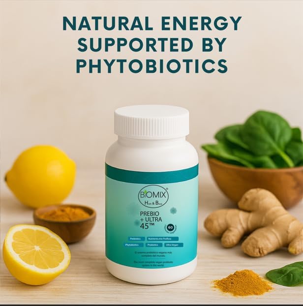 BIOMIX HEALTH &amp BEAUTY PREBIO+ Ultra 45 Vegan Probiotic 45 Billones CFU con Prebióticos Cúrcuma y Jengibre Cápsulas de Liberación Retardada DRcaps Sin Gluten 60 Capsules