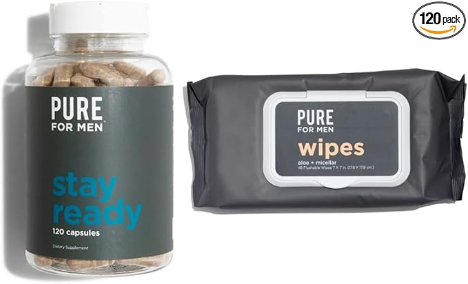Pure for Men Original Vegan Cleanliness Fiber Supplement 120 Capsules Eco-Responsible Stay Ready Wipes with Micellar and Aloe (48 Count)