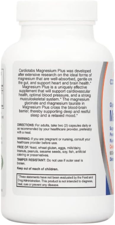 Magnesium Plus – 200 mg of Magnesium Glycinate and Magnesium Taurate for Blood Pressure Heart Brain Sleep &amp Mood Support – Highly Concentrated and Well Absorbed - 120 Capsules