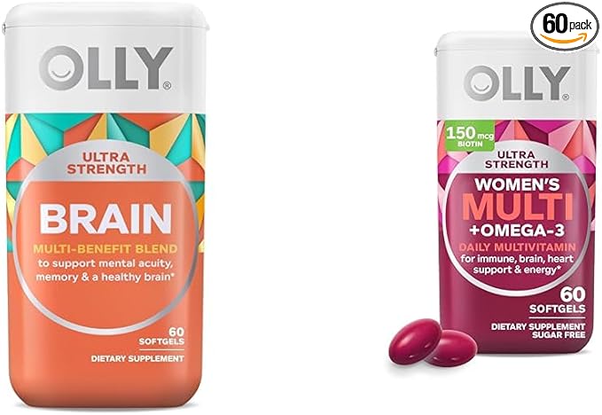 OLLY Ultra Strength Brain Softgels Nootropic Supports Healthy Brain Function Memory Focus &amp Ultra Women's Multi Softgels Overall Health and Immune Support Omega-3s Iron Vitamins A D