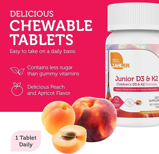 Zahler - Junior Vitamin D3 + K2 Chewable Tablets for Kids| Vitamin D for Kids 2000 IU | Delicious Vitamin D K2 Chews to Support Healthy Bones &amp Teeth - Kosher Less Sugar Than Gummies (2 Pack)