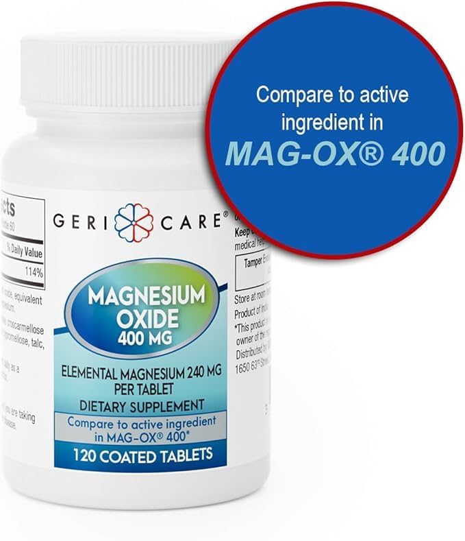 GeriCare Magnesium Oxide Supplement 240 mg - Elemental Magnesium 120 Coated Tablets – Essential Mineral Support - Promotes Vascular Health Bone Strength and Muscle Function (Pack of 6)