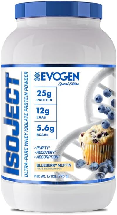 Evogen Isoject - Whey Protein Isolate | Ultra-Pure Whey Protein Powder with Ignitor Enzymes BCAAs and EAAs | Enhanced Absorption &amp Recovery | Blueberry Muffin | 25 Servings