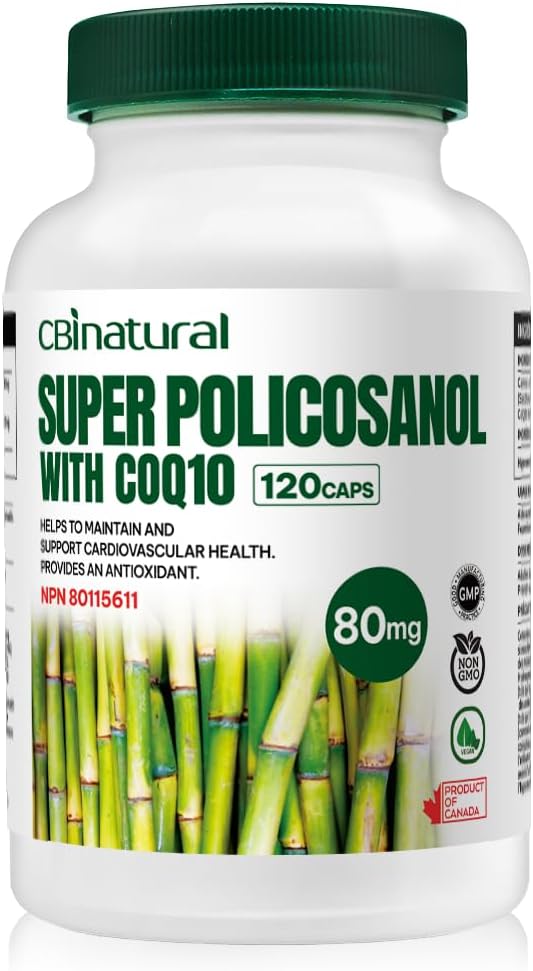 Super Sugarcane Policosanol 80 mg with CoQ10 30 mg 120 Vegetable Capsules Heart &amp Cholesterol Support 4-Month Supply Non-GMO Gluten Free