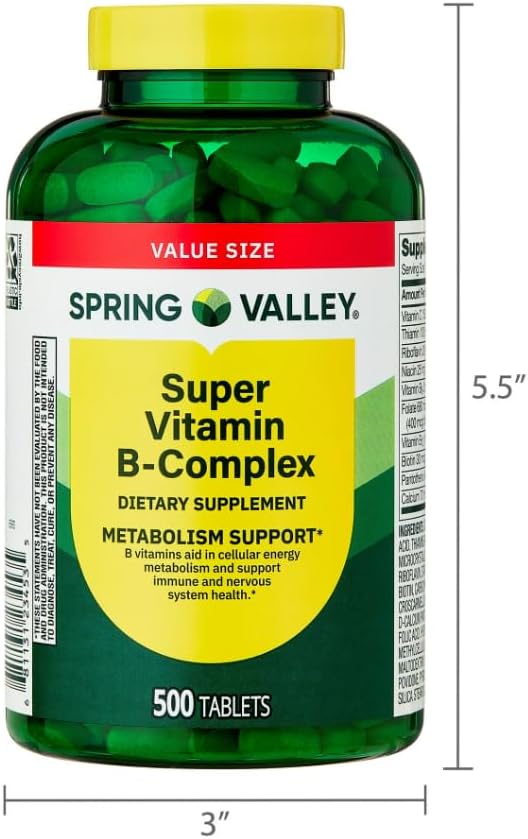 Spring Valley Super Vitamin B-Complex Dietary Supplement Tablets for Metabolism Support 500 Tablets + Dipaze Gift (Container)