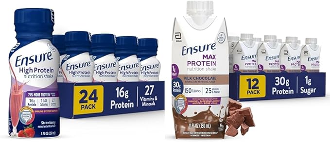 Ensure High Protein Strawberry 24 Pack and Ensure Max Protein Milk Chocolate 30g Protein 12 Pack Nutrition Shakes