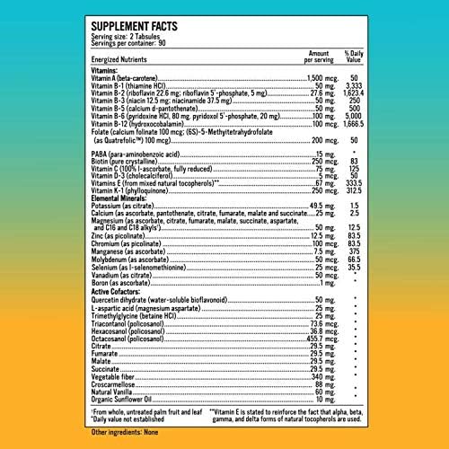 Energized Multi - Potent Multivitamin with 40 Fully Bioavailable Nutrients B Complex Vitamins Vitamin D Vitamin C Vitamin K Zinc Quercetin Calcium Magnesium in Alkalizing Forms - 180 tabs