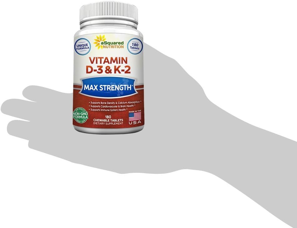 aSquared Nutrition Vitamin D3 with K2 Supplement-180 Chewable Tablets Max Strength D-3 Cholecalciferol &amp K-2 MK7 to Support Healthy Bones Teeth Heart -Antioxidant D3 &amp K2 MK-7 Energy Formul