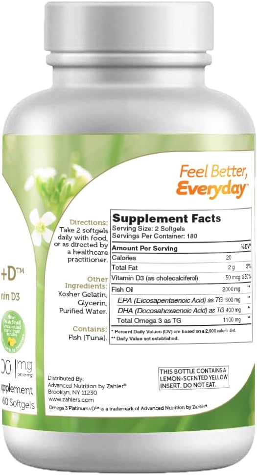 Zahler Omega 3 Platinum +D All-Natural Pure Fish Oil Supplement Burpless Softgel with No Fishy Aftertaste Highest in EPA and DHA Certified Kosher 360 Softgels