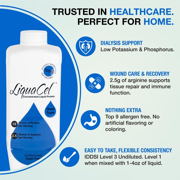 LiquaCel Concentrated Liquid Protein Unflavored Ready-to-Drink 16g Hydrolyzed Collagen Protein and 2.5g Arginine Per 1oz Serving Sugar &amp Gluten Free 32 fl oz Bottle