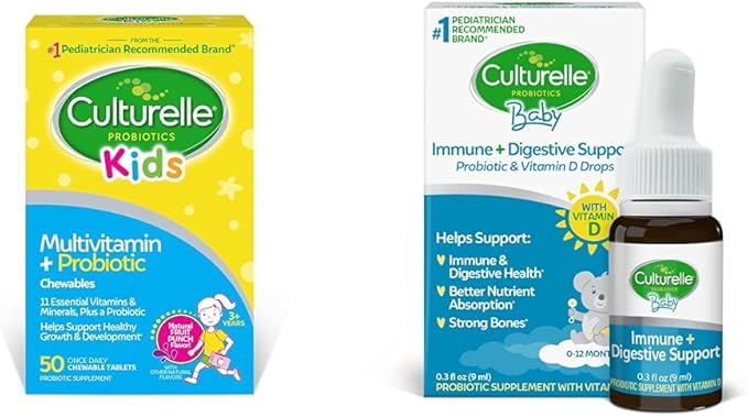 Culturelle Kids Complete Multivitamin + Probiotic Chewables 50 Count Baby Immune &amp Digestive Support Probiotic + Vitamin D Drops 30 Day Supply