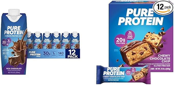 Pure Protein Chocolate Protein Shake 30g Protein 12 Pack and Pure Protein Chewy Chocolate Chip Bars 20g Protein Pack of 12