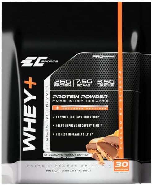 EC Sports Whey+ Protein Powder Chocolate Peanut Butter Mix w/Digestive Enzymes - Isolate Supplement Collagen Peptides w/Swift Reform - 30 Servings