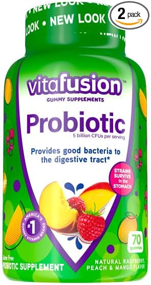 Vitafusion Probiotic Gummies Supplement 5 Billion CFUs per Serving Supports Digestive Health Gluten-Free Natural Raspberry Peach &amp Mango Flavors 70 Count (Pack of 2)
