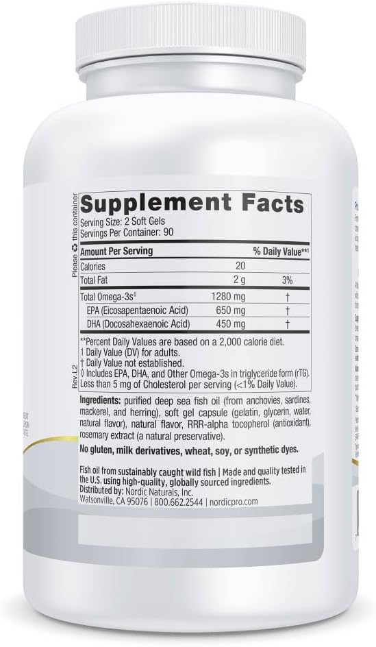 Nordic Naturals ProOmega Lemon Flavor - 180 Soft Gels - 1280 mg Omega-3 - High-Potency Fish Oil with EPA &amp DHA - Promotes Brain Eye Heart &amp Immune Health - Non-GMO - 90 Servings