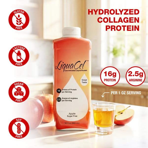LiquaCel Concentrated Liquid Protein Apple Flavor Ready-to-Drink 16g Hydrolyzed Collagen Protein and 2.5g Arginine Per 1oz Serving Sugar &amp Gluten Free 32 fl oz Bottle Case of 6