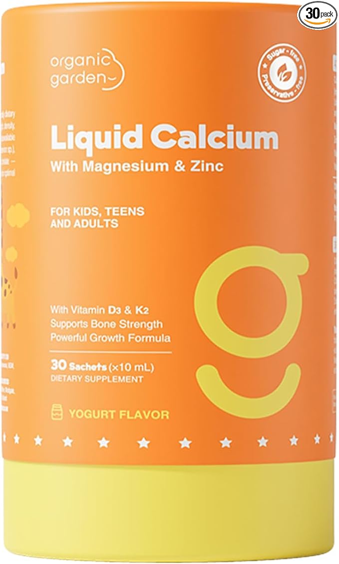 Organic Garden Liquid Calcium with Magnesium &amp Zinc for Bone Support - Triple Calcium Complex Vitamin D3 &amp K2 Yogurt Flavor 30 Single-Serve Sachets (10mL Each) (1)