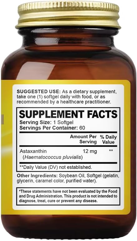 Astaxanthin 12mg | 60 Softgels | Supports Joint Heart Skin and Muscle Health