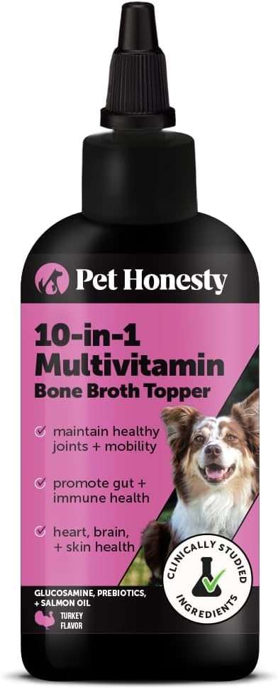 Dog Multivitamin Supplement with Salmon Oil for Dogs - Allergy Itch Relief Digestion Skin &amp Coat Health Liquid Supplement - Dog Food Topper Bone Broth with Prebiotics (12 oz)