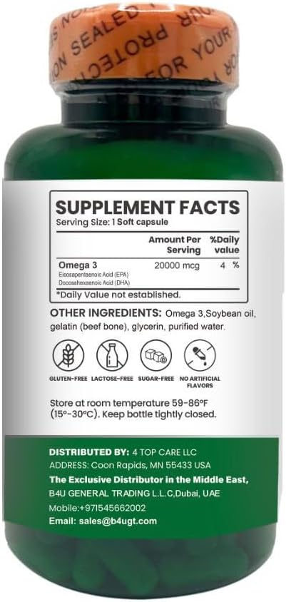 H4U Extra-Strength Omega-3 Supplements 20000 mcg Softgels with EPA and DHA - Immune Support Brain and Heart Health Optimal Wellness - Non-GMO 100 Softgels.