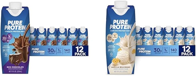 Pure Protein Chocolate and Vanilla Protein Shakes 30g Protein 11oz Bottles 12 Pack Bundle