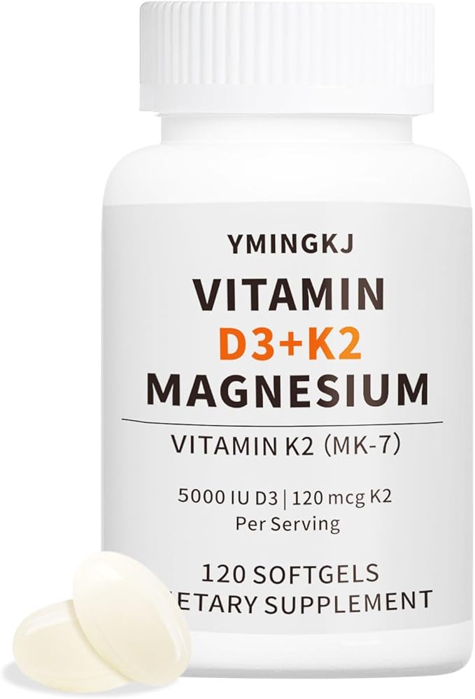 Vitamin D3 K2 5000 IU 120 Softgels with Magnesium Supplement - &amp 120mcg MK-7 K2 for Bone Health &amp Immune Support - Non-GMO &amp Gluten-Free Softgels with MCT Oil