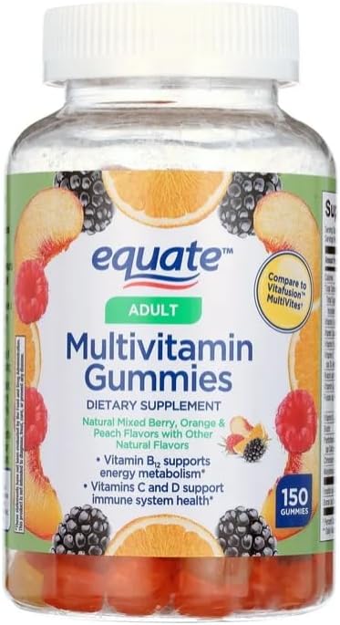 Equate Adult Multivitamin Gummies for Immune Support Mixed Berry Orange &amp Peach Flavors 150 Count