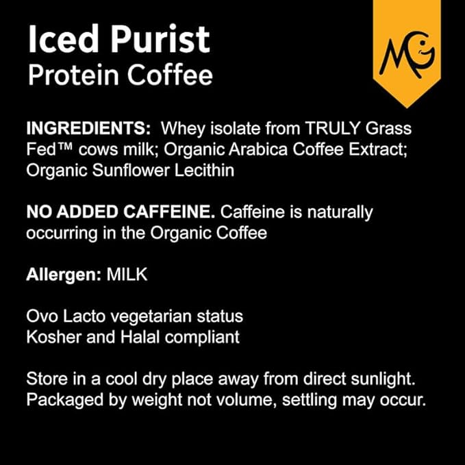 MariGold High Protein Coffee - Iced Purist Flavor | 22g Grass-Fed Whey Isolate Protein 2 Shots Organic Espresso Non-GMO 108 Calories 1 Net Carb | 1 Lb Bag - 15 Servings