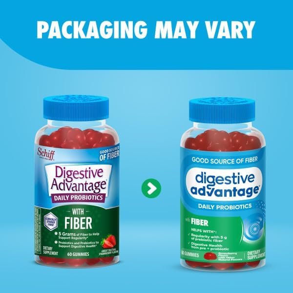 Digestive Advantage Prebiotic Fiber Supplement Strawberry Flavor Gummies with Probiotics for Women &amp Men Digestive Health Adults Regularity and Gut Health 60 Count (3 Pack)